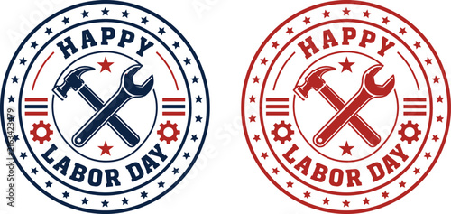 Happy labor day stamp in black and red with tools and stars