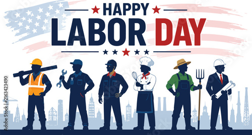 Happy labor day illustration featuring diverse workers and american flag background