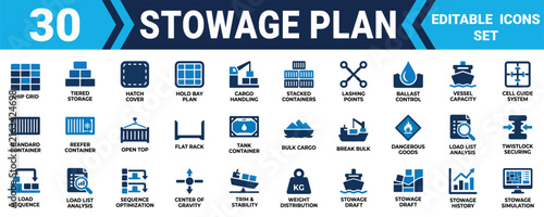 Set of thirty stowage plan icons for shipping cargo logistics and container vessel management systems Minimal solid fill icon set bundle collection. Editable Vector Illustration Mega pack