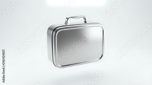 Silver metallic briefcase with handle on white background