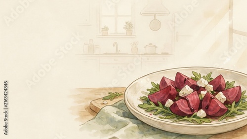 A national dish of Italian cuisine. 
Insalata di barbabietole e caprino — a dish combining sweet baked beets, delicate cheese, and spicy arugula. Photo with space for text. 
