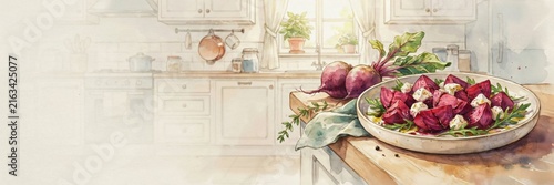 A national dish of Italian cuisine. 
Insalata di barbabietole e caprino — a dish combining sweet baked beets, delicate cheese, and spicy arugula. A banner with space for text.