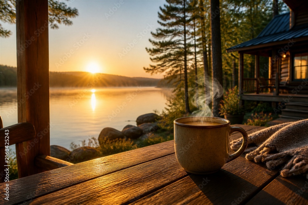 Fototapeta premium Coffee mug steaming on wooden table at lakeside cabin