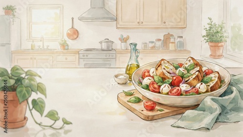 A national dish of Italian cuisine. 
Panzanella con mozzarella is a summer salad made from ripe tomatoes, softened stale bread, basil, and balls of cheese. Photo with space for text. 