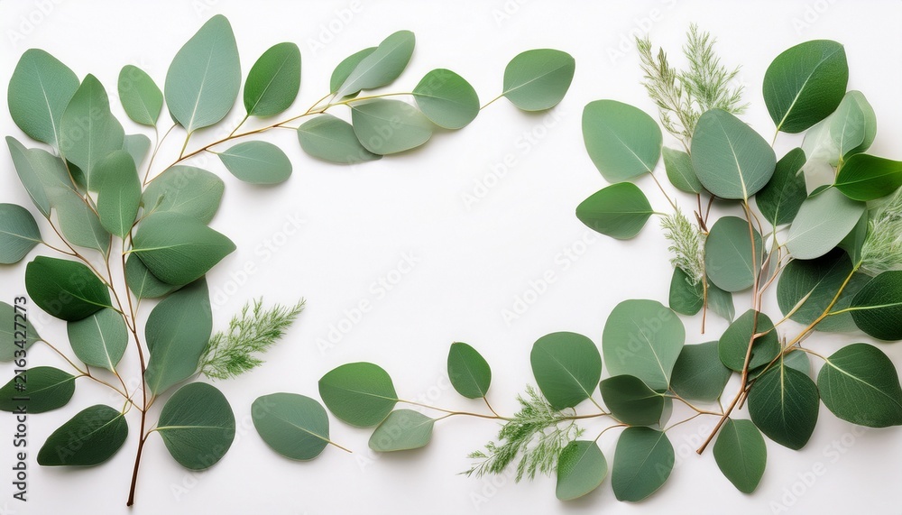Obraz premium delicate eucalyptus and plant design frame creating border for wedding decoration green leaves isolated with botanical grace elegant foliage in natural flow
