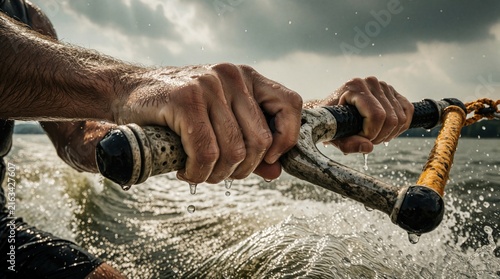 Wakeboarder grips handle tight, water sprays, intense action. Athlete rides fast on choppy lake, extreme sport adventure, muscular arms pull hard.