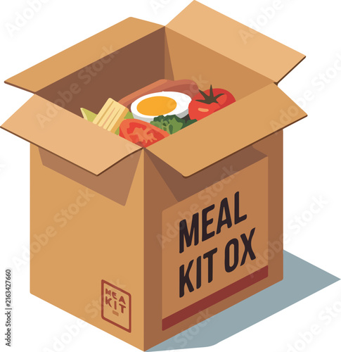 Isometric Meal Kit Box Icon with Fresh Ingredients