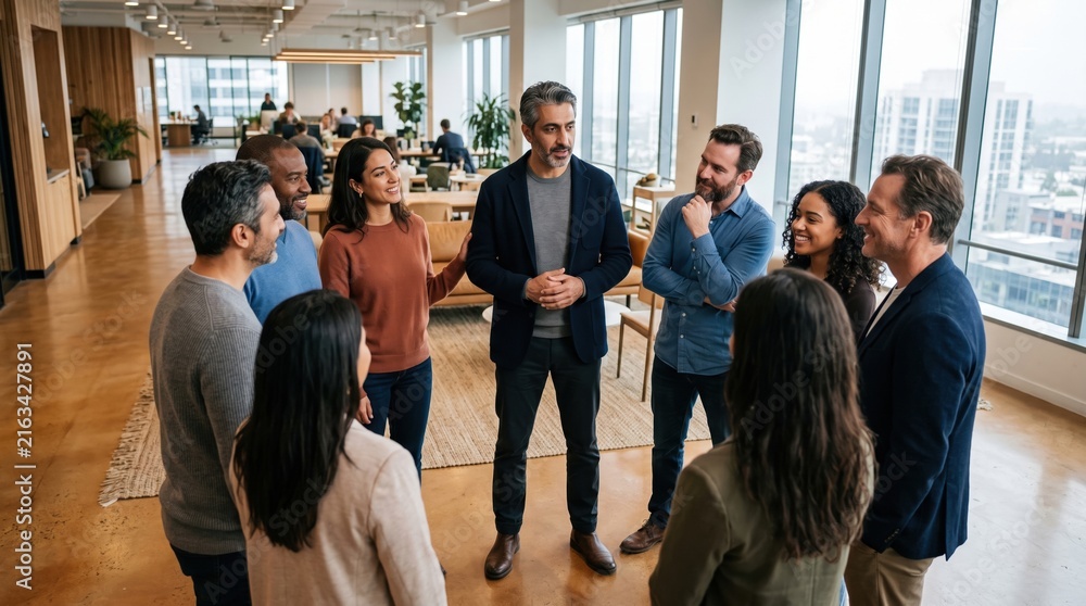 Obraz premium Diverse colleagues stand in a circle talking. The scene promotes psychological safety and burnout prevention through open communication. Ideal for HR training and corporate wellness articles.