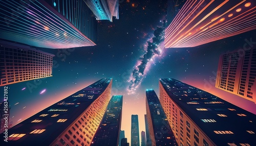 city skyscrapers reaching up to a night sky full of stars ai generative