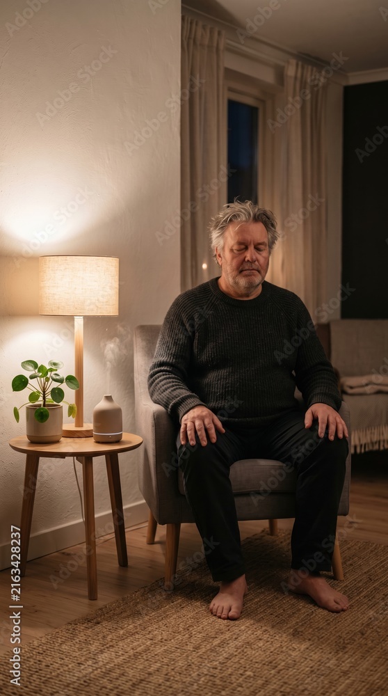 Fototapeta premium Senior man meditates in armchair with warm lamp light and diffuser. Peaceful moment for mental health and stress relief after work. Ideal for wellness and burnout prevention content.