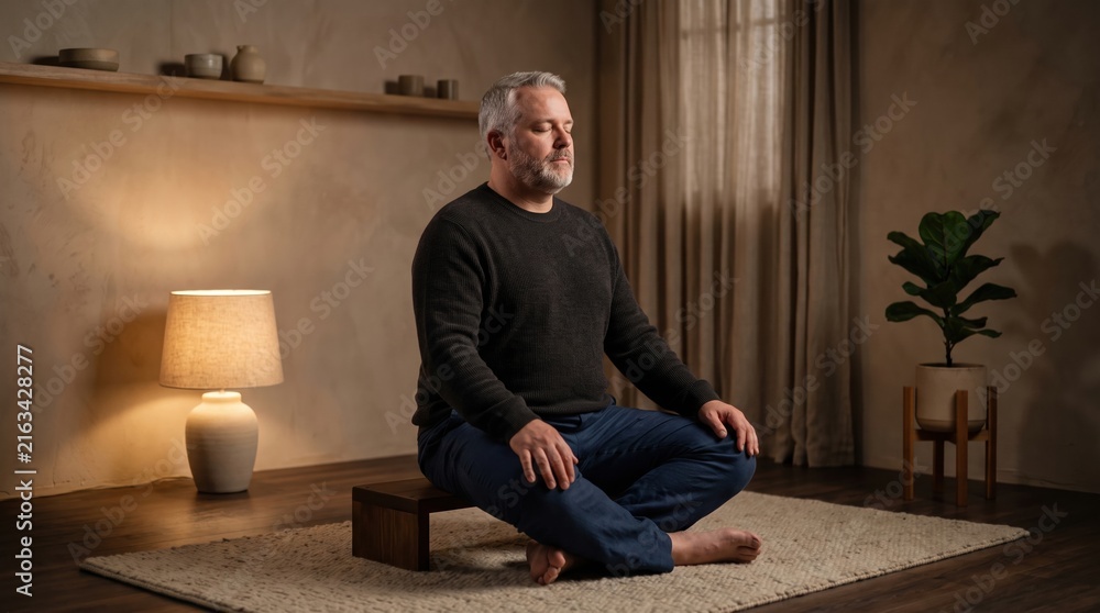 Fototapeta premium A man sits in a cross-legged meditation pose in a warmly lit room. This image represents workplace burnout prevention and mental health boundaries. Ideal for articles on wellness and self-care.