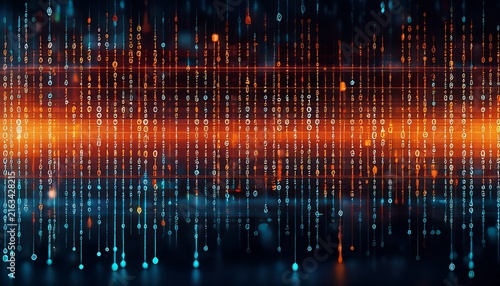 computer screen with a long line of numbers and a few orange dots the numbers are in binary code