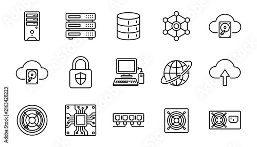 Data Center and Computer Hardware Line Icon Set Featuring Server Racks, Database, Cloud Storage, Processor CPU, Network Switch, and Cyber Security Symbols