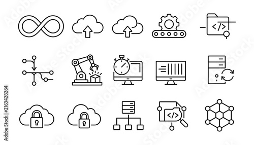  DevOps and Cloud Computing Line Icon Set Featuring DevOps Infinity Loop, Automated Pipeline, Server Backup, Secure Cloud, and Programming Code Symbols