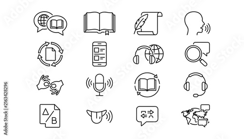 Language Learning and Global Translation Thin Line Icon Set Featuring Dictionary, Speech, Audio Book, Microphone, Headphones, and Multilingual Communication Symbol