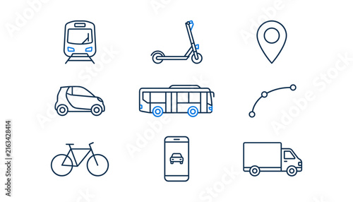 Urban Transportation and Smart Mobility Line Icon Set Featuring City Transit, Electric Scooter, Bus, Train, Navigation Pin, and Delivery Truck Vectors