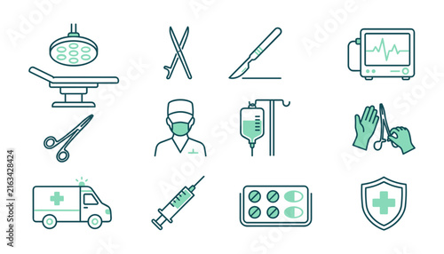  Medical and Surgery Line Icon Set Featuring Healthcare Elements Like Scalpel, Ambulance, Surgeon, Syringe, and Hospital Equipment for Digital Graphic Design