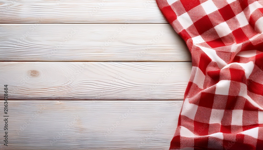 Obraz premium red and white checkered tablecloth on white wooden background