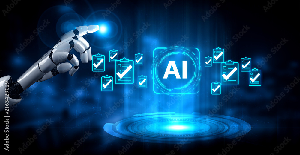 Fototapeta premium Futuristic Artificial Intelligence Concept with Robotic Hand Interacting with Digital Interface and Data Visualization Elements. Entropy.