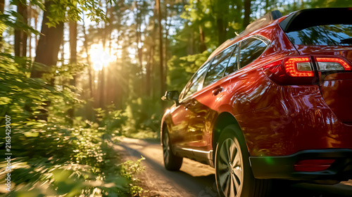 Red SUV driving briskly through a bright green summer forest / travel photo

