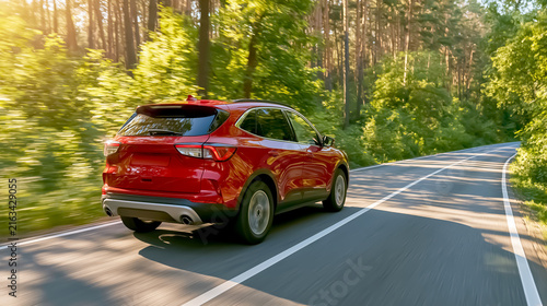 Red SUV driving briskly through a bright green summer forest / travel photo

