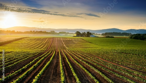 farmland sunrise crops greenery rows