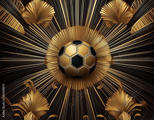 art deco soccer pattern with luxury gold geometric sunbursts and footballs on black background