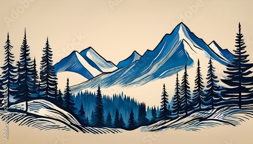 simple blue ink drawing of mountain peaks and evergreen trees on a cream colored background