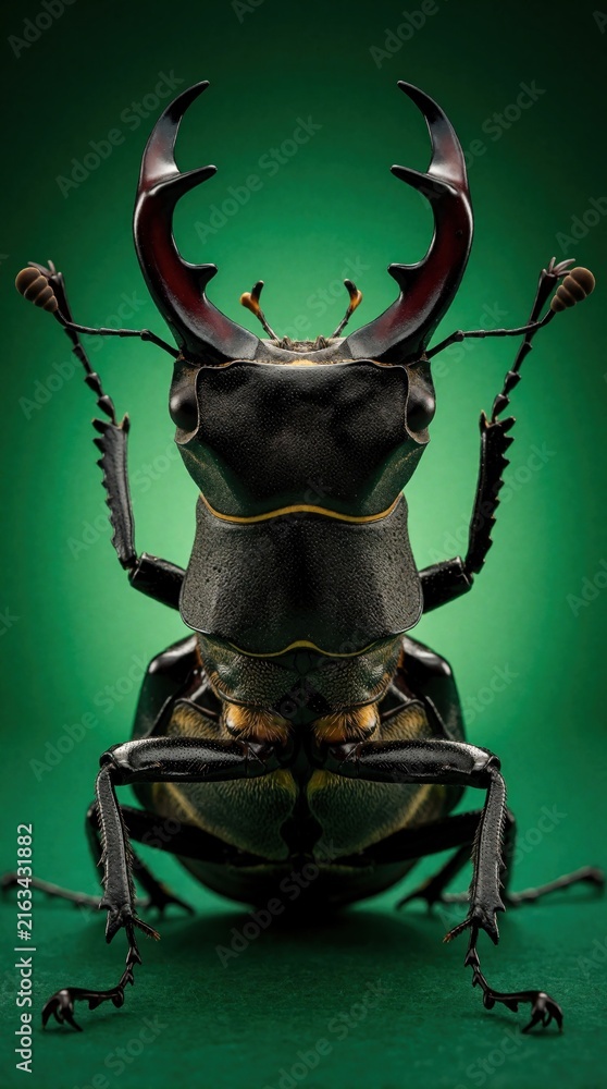 Naklejka premium Male European stag beetle macro shot. Large insect with prominent mandibles on green background. Wildlife concept, endangered species awareness, close up detail of exoskeleton.