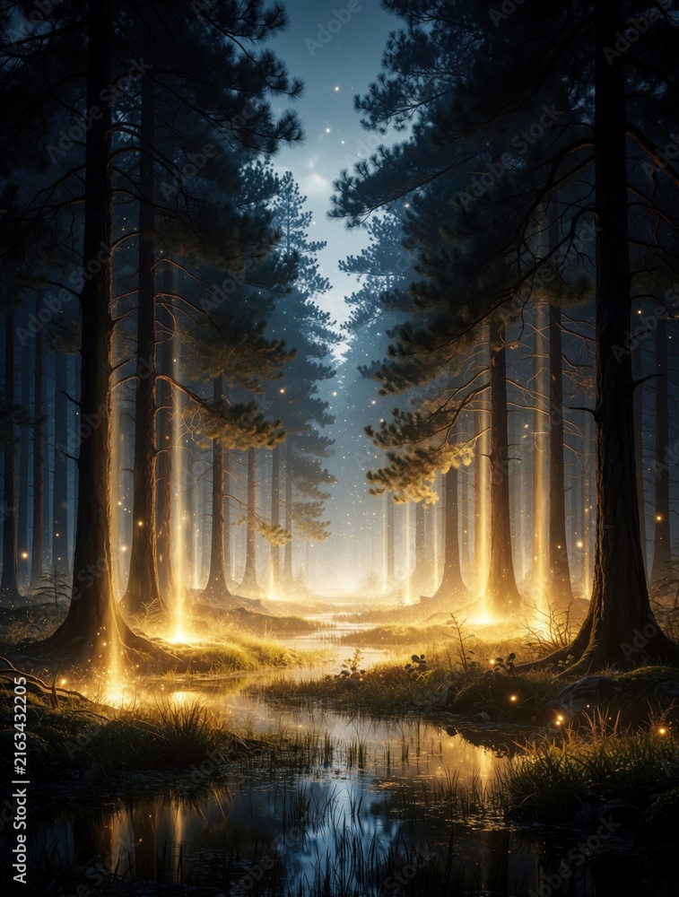 Fototapeta premium Dreamlike forest landscape with glowing light beams between tall trees. Magical rays shine through dark woods at twilight. Small sparkles float in misty air above calm stream. Enchanted nature scene