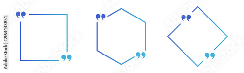 Quote frame set. Blue gradient quotation mark box hexagon diamond border design element. Testimonial review speech text banner background. Vector illustration.