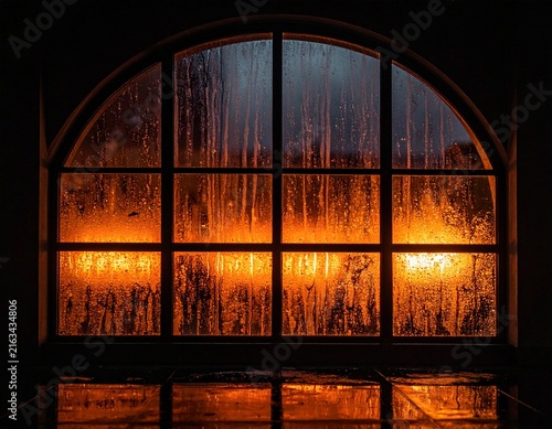 Une grande fenêtre éclairée de l’intérieur dans un bâtiment totalement sombre, pluie sur la vitre
