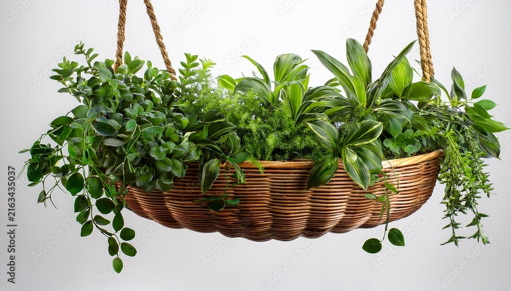 Naklejka premium lush hanging green plant in wooden basket isolated on white background