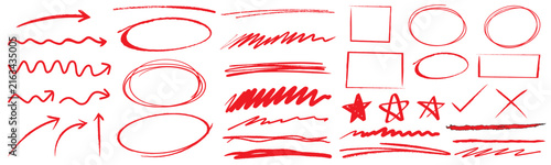 Highlighter marker elements set. Hand drawn underline concepts. red scribble symbols. circle and arrow indicators. marker doodle icons.