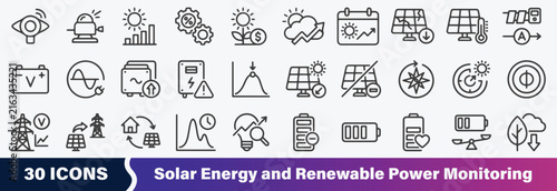 Solar Energy Monitoring and Renewable Power Analytics Line Icons Set: Including solar irradiance sensor, pyranometer, radiation measurement, PV performance ratio, yield monitoring, and more.