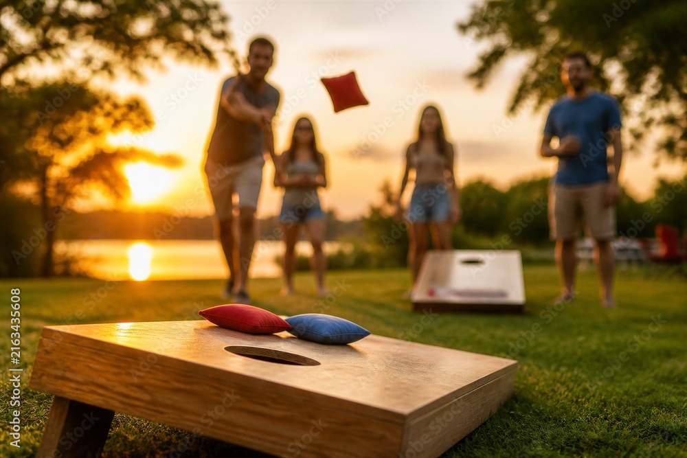 Fototapeta premium Friends playing cornhole on lakeside lawn during sunset