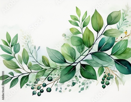 a watercolor painting of a green leafy branch with green leaves and berries on a white background