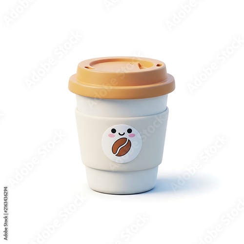 A cute reusable coffee cup with an orange lid and a smiling face sticker