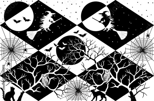 Background, cover, and poster with Halloween-themed elements. Vector illustration in a postmodern style.