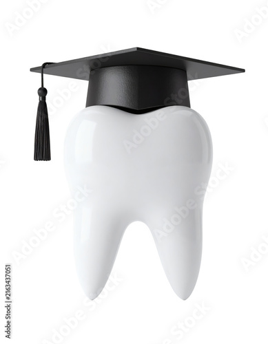 White human tooth wearing a black graduation cap representing dental school education and professional medical training for students 