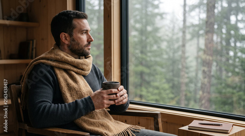 Pensive mid-adult man in warm scarf holding mug, thoughtfully looking out window of cozy wooden cabin against misty pine forest backdrop