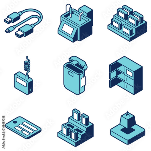 USB cables electronic devices and storage solutions icon set