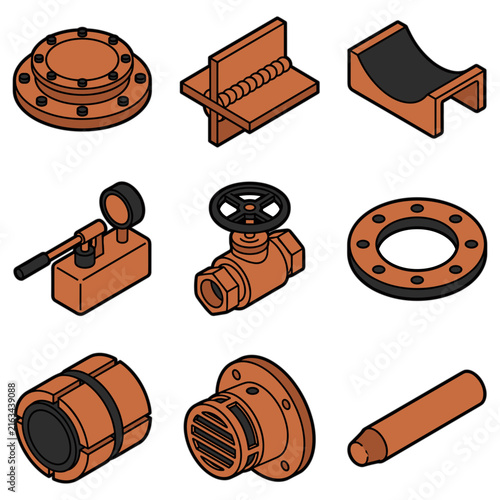 Industrial pipe fitting icon set showing various parts and