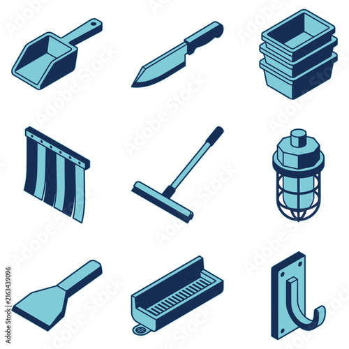 Industrial tools and cleaning supplies icon set for various