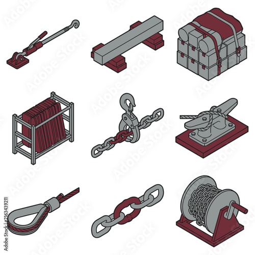 Industrial lifting and rigging equipment icon set for heavy-duty