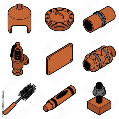 Industrial plumbing and pipe fittings icon set with various elements