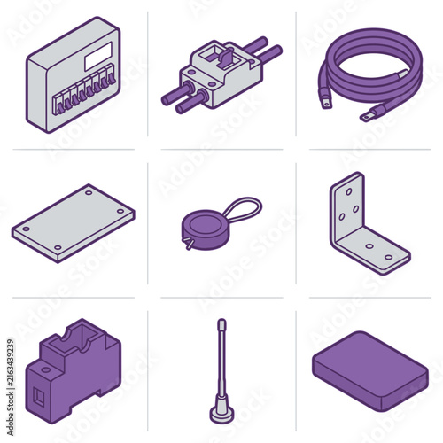 Hardware components and accessories isometric icon set