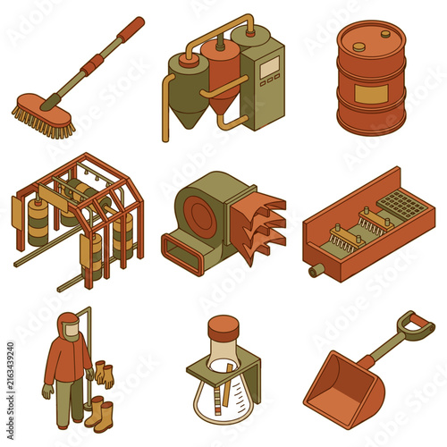 Industrial and cleaning equipment icon set for various applications