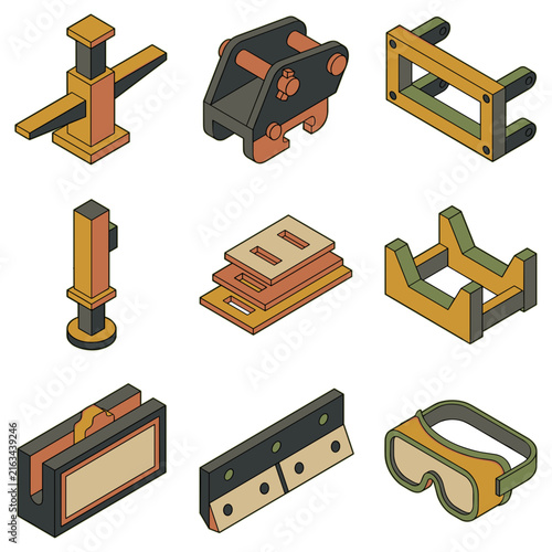 Industrial work tools and equipment isometric icon set