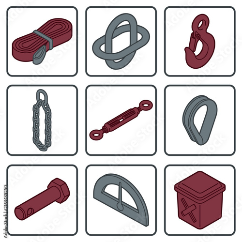 Industrial lifting and rigging equipment icon set
